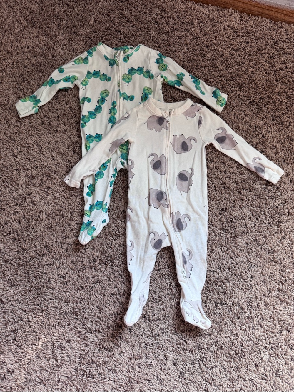 Carter's White Footed Pajamas with Gray Elephant & Green Caterpillar Prints